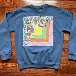 Blue Crewneck Sweatshirt with Patchwork Quilt Panel